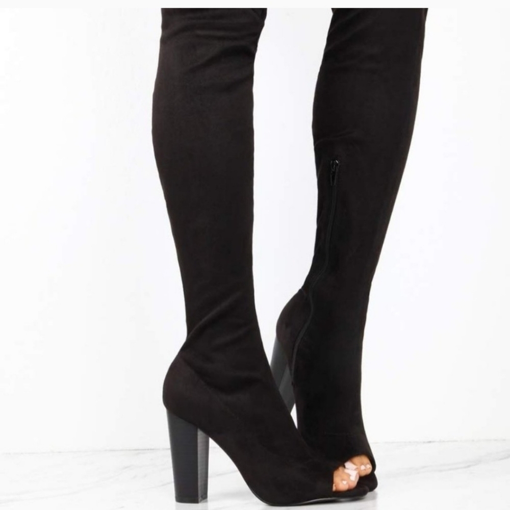 Olivia Jaymes over the knee open toed chunky block high heeled boots size 8